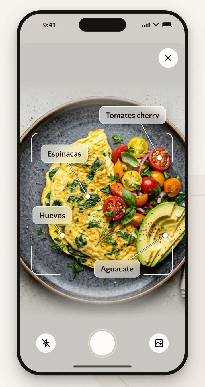 La cámara sobre una tortilla francesa con espinacas y ensalada, con los alimentos que ha encontrado señalados: espinacas, huevos, tomates cherry y aguacate